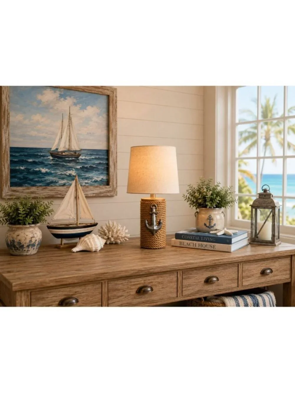 New Nautical Anchor Table Lamp Coastal Beach House Rope Wrapped Accent Lamp